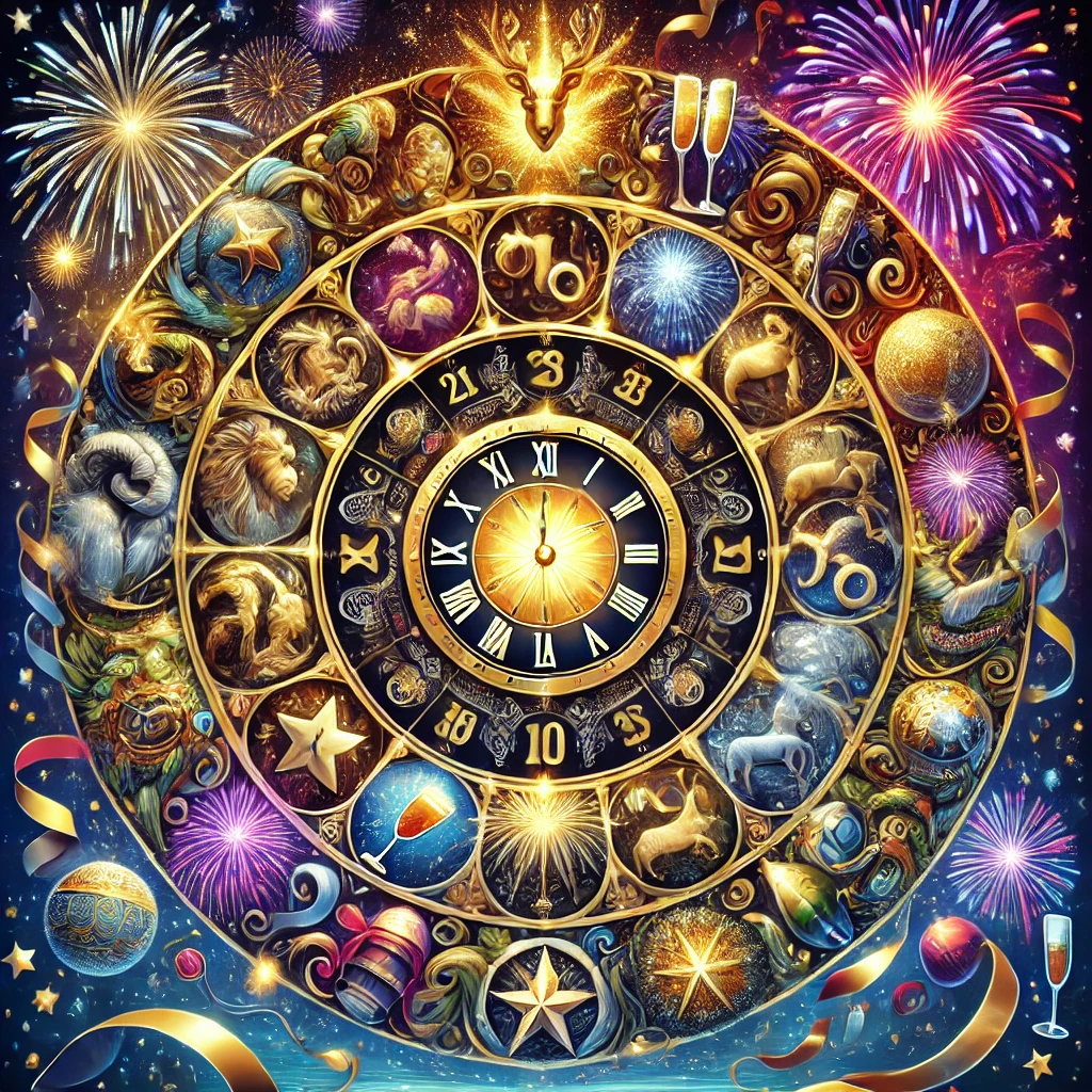 DALL·E 2024 12 04 21.53.51 A festive New Year themed zodiac wheel without any text or names. The wheel is divided into 12 segments each featuring a zodiac symbol adorned with N